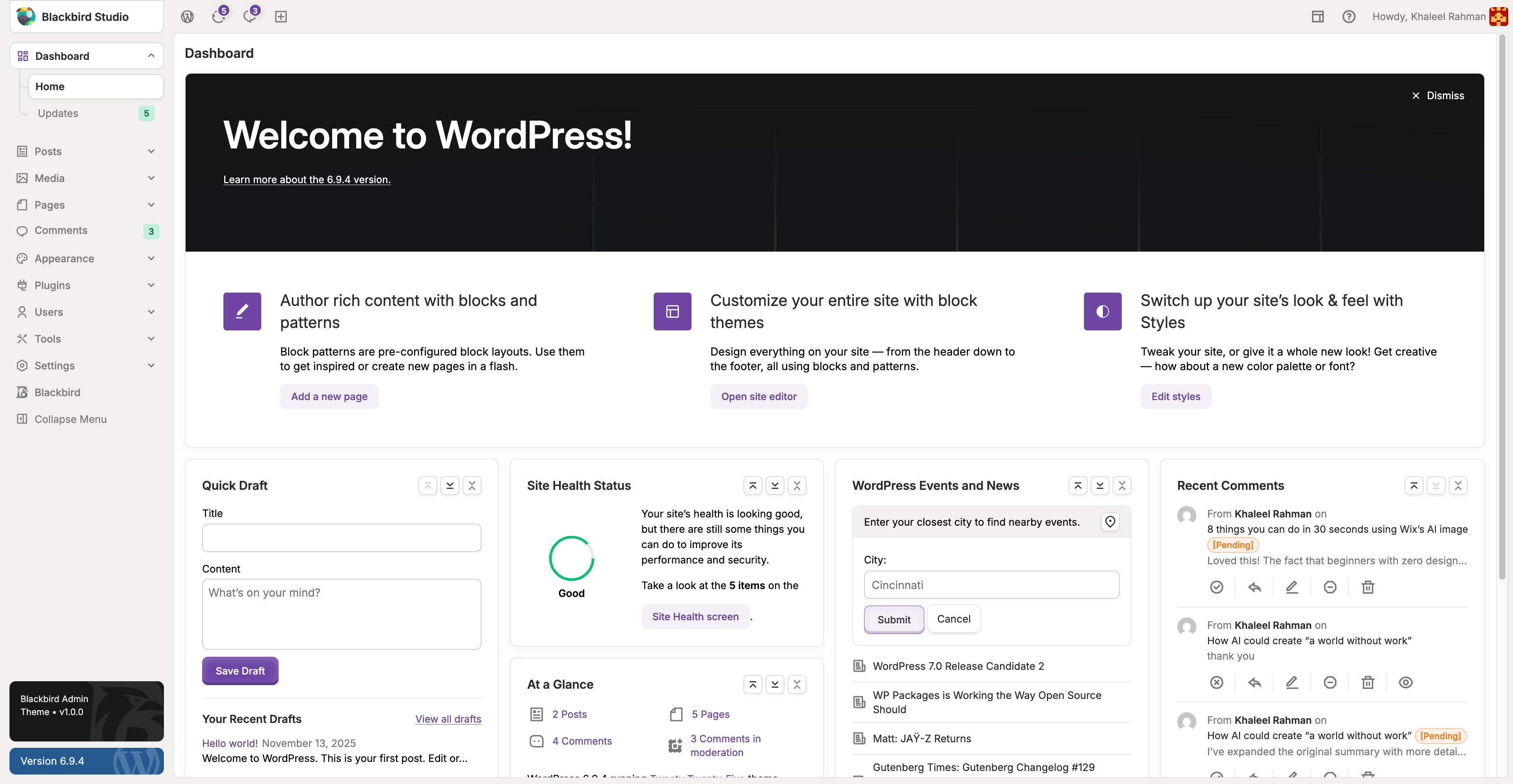 Blackbird live demo WordPress admin dashboard