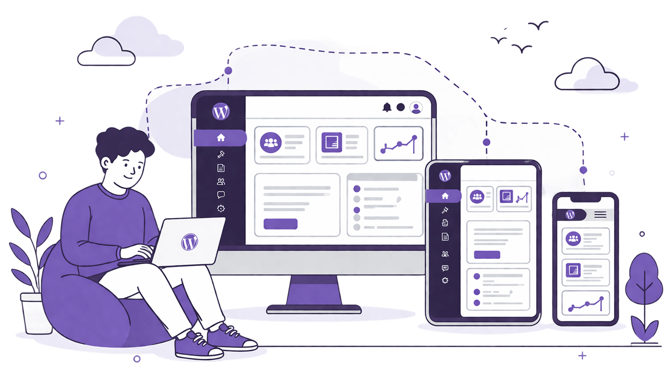 Responsive WordPress admin dashboard on desktop tablet and mobile