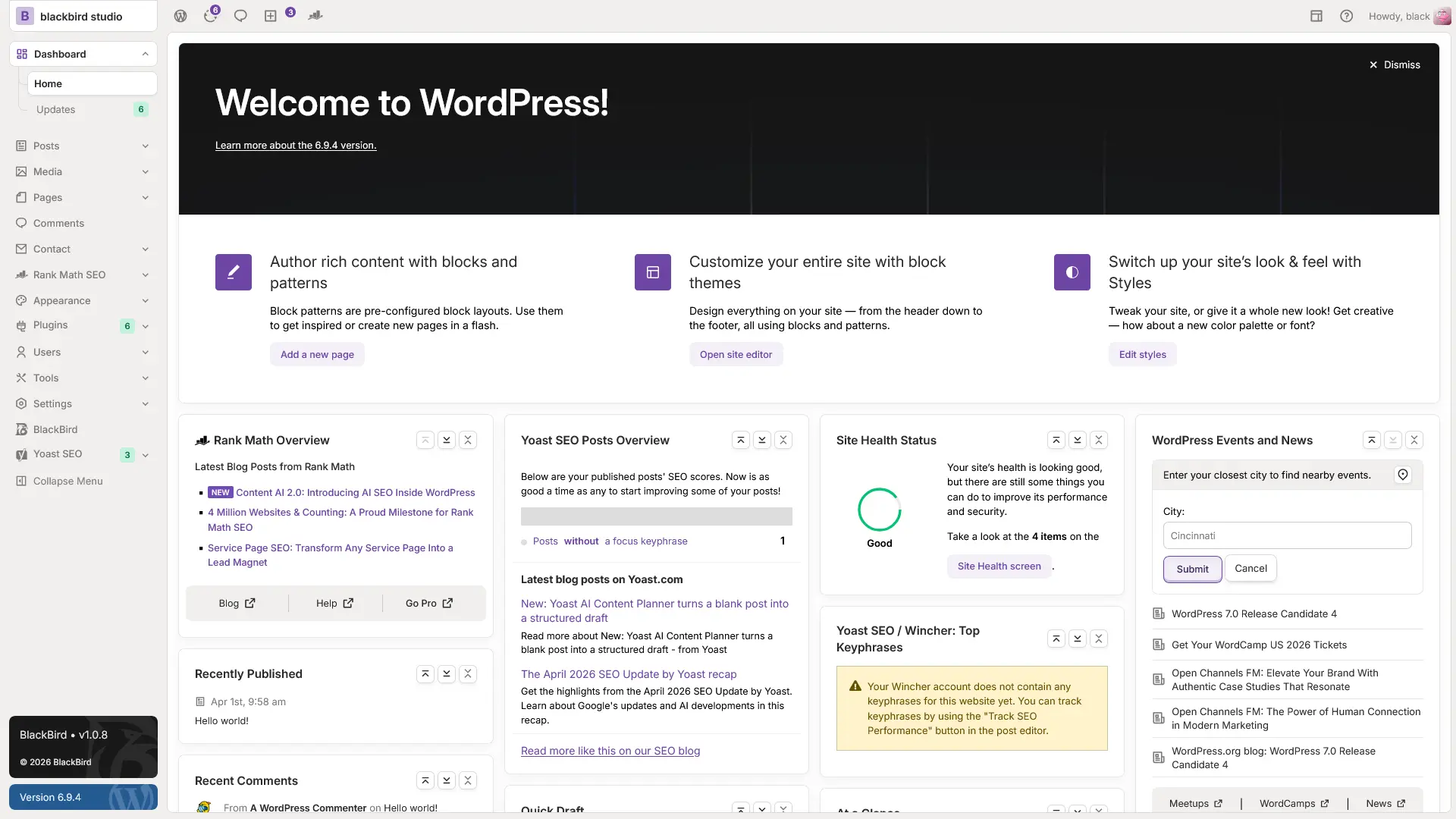 Modern Blackbird WordPress admin dashboard preview